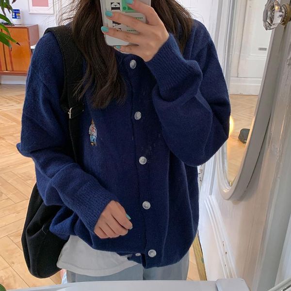 

sweaters 2 colors 2022 spring autumn korean style cartoon bear embroidery soft knittd cardigans womens loose sweaters womens (f1446, White;black