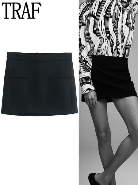

skirts traf black mini women high waist short woman fashion pocket women's winter chic and elegant 230420