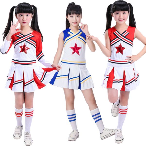 

cheerleading girls red cheerleading costume kids boy competition cheerleader uniform school team performance dance costumes pompoms and sock