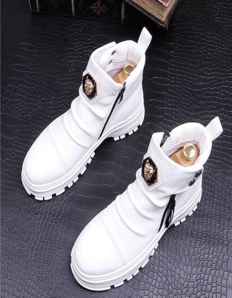 

2020 men fashion casual ankle boots spring autumn punk style rivets trend shoes male leather high hip hop sneakers white green5044368, Black