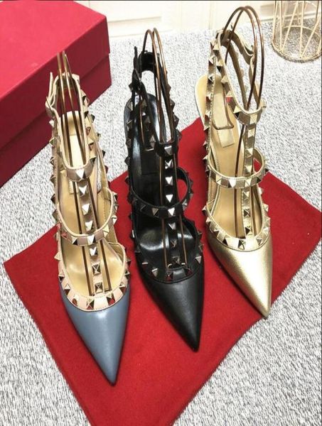

gold women brand sandals high heel pointed shoes with rivets 6cm 8cm 10cm black matte thin heels shallow two belts nude red w4106054
