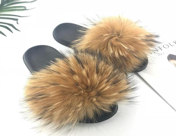 

2021 fox hair slippers women fur home fluffy sliders plush furry yeah winter flats sweet ladies puffer shoes size 3641 cute pantu8368078, Black