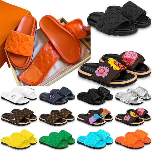 

designers luxury pool pillow mules women sandals sunset flat comfort mules padded front strap slippers genuine leather fashionable easy-to-w, Black