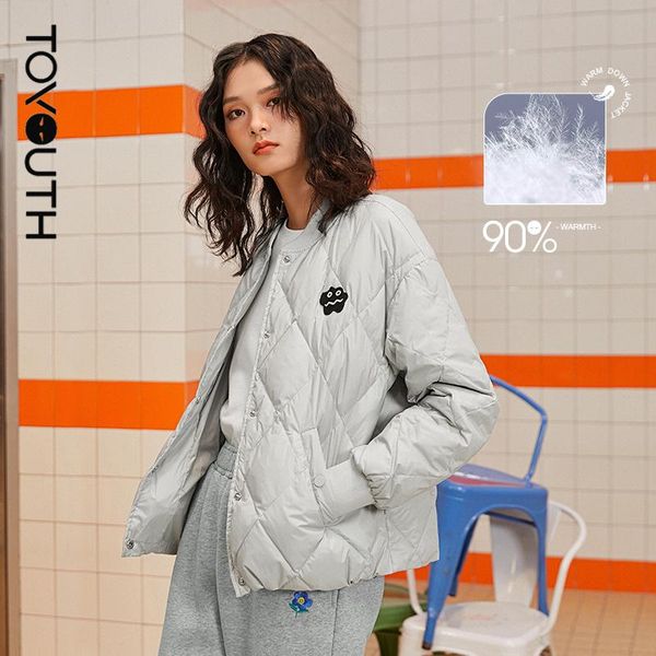 

parkas toyouth women down jacket winter thick baseball collar drawstring hem 90% white duck down warm chic casual short coats, Black