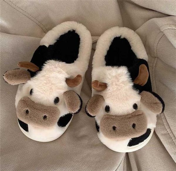 

milk cow fluffy fur slippers women winter warm closed plush home slippers bunny kawaii flat cute animal dog slides shoes 2201116796176, Black