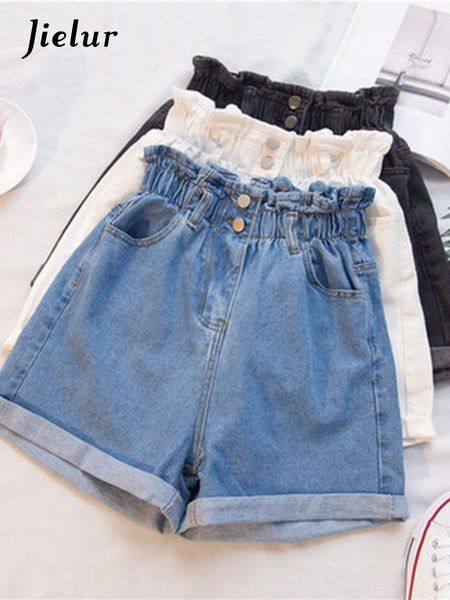 

women's shorts jielur summer black women denim shorts women s-5xl harem ruffled white blue high waisted shorts female elastic short jea, White;black