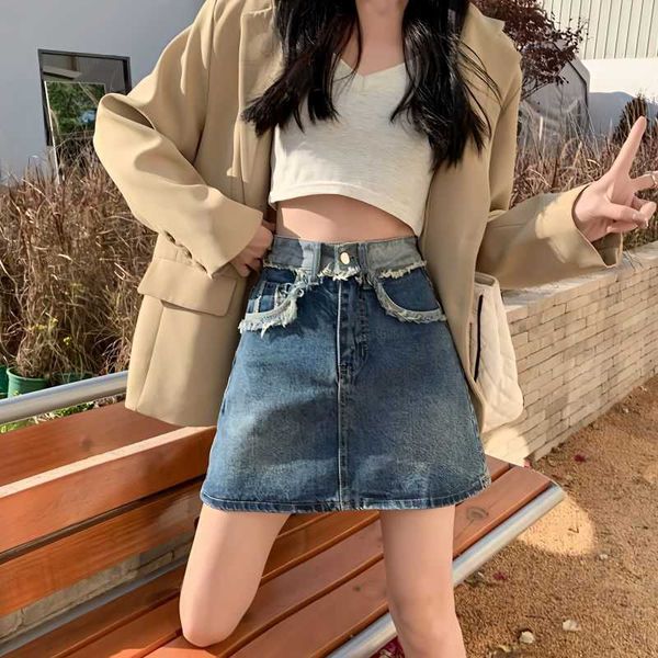 

vintage denim s spring 2023 new r edge patched short dress high waist slim aline mini women wrap hip skirt aa230420, Black