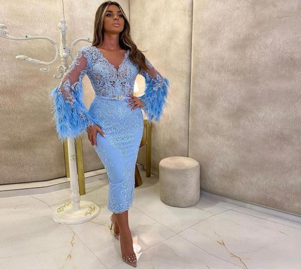 

2022 arabic aso ebi short prom dress long sleeves feather v neck evening party gowns informal reception dresss5344723, Black;red
