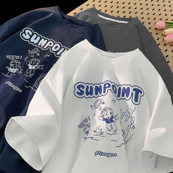 

womens tshirt summer creative cartoon simple bf style short sleeved shirt ins men and women loose casual versatile round neck tshirt lovers, White