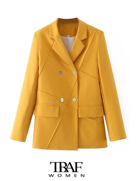 

pants traf women fashion double breasted blazer coat vintage long sleeve flap pockets female outerwear chic veste femme, White