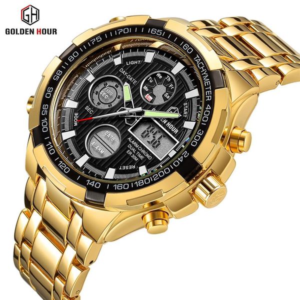 

reloj hombre goldenhour luxury gold men's watch montre homme automatic clock sport man wrist watches 2019 relogio masculino256k, Slivery;brown