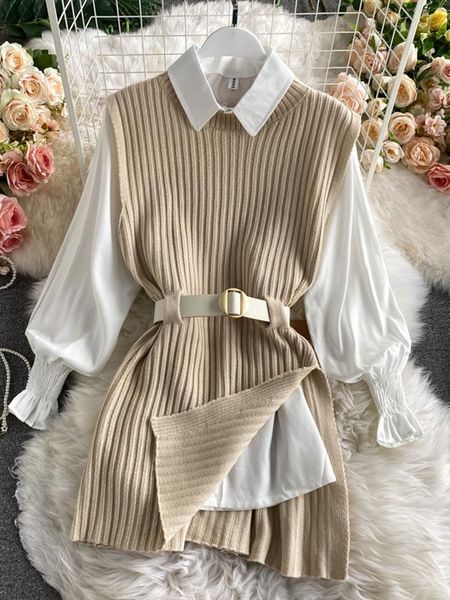 

dress spring autumn women's lantern sleeve shirt knitted vest two piece sets of college style waistband vest two sets uk900, White