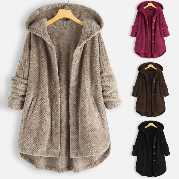 

fur women winter plus size coat solid fleece hooded overcoat irregular long sleeve plush cardigan jacket thick coat, Black