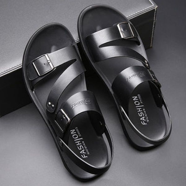 

sandals fashion men sandals outdoor solid color leather men summer shoes casual comfortable open toe sandals soft beach sandals footwear 230, Black