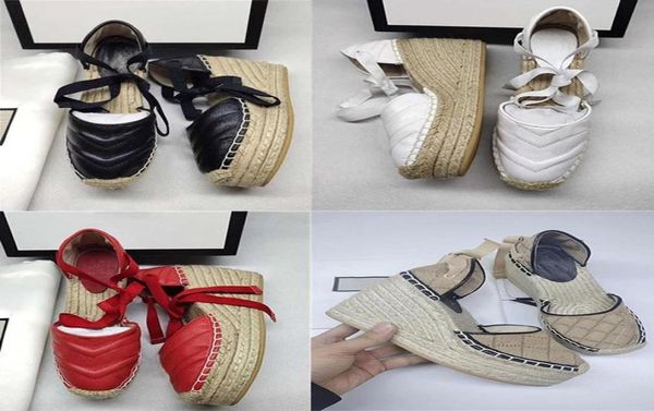 

designer sandals women wedge platform sandal espadrille shoes leather laceup slides espadrille ladies high heel with box5661082, Black