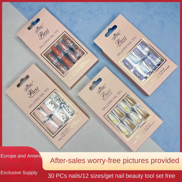 

false nails 30pcs coverage nail artificial square heads presson nails long ballet glitter wearing reusable fake nails full coverage nail j23, Red;gold