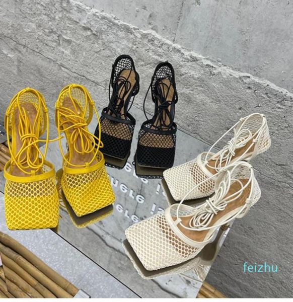 

2021 new fashion mesh gladiator sandals women ladies shoes breathable mesh square toe shoes ladies high heels7157607, Black
