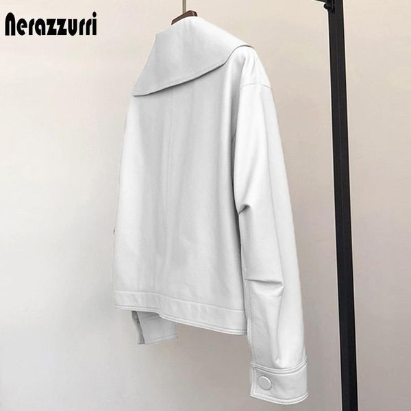 

jackets nerazzurri spring short light white leather jacket for women peter pan collar long sleeve casual leather jackets for women 2021, Black;brown