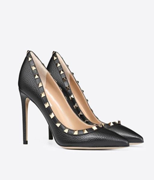

women dress shoes rock patent high heels stud pumps rivets real leather pointed toe wedding shoes gift valentine party shoes brand8181473, Black