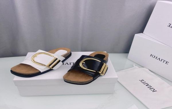 

khaite thompson buckled leather slides slippers luxe slipon beach sandals shoes genuine leather open toe casual flats for women l2990220, Black