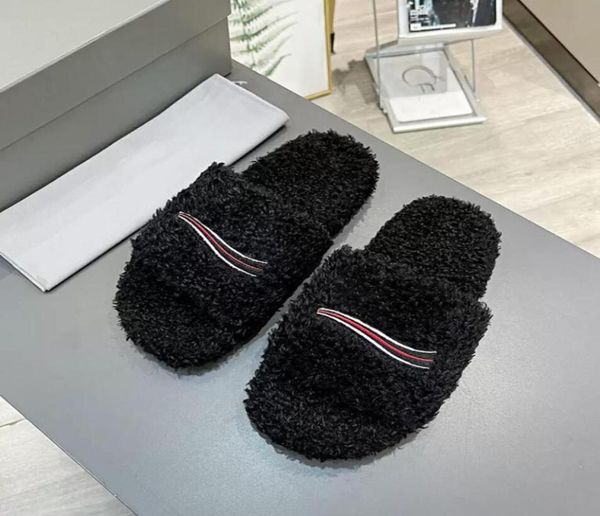 

luxury designer womens slippers ladies wool slides winter fur fluffy furry warm letters sandals comfortable fuzzy girl7612418, Black