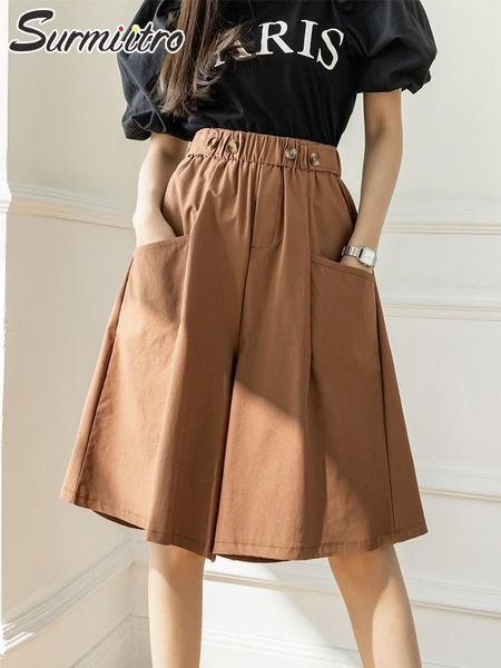 

shorts surmiitro 2022 summer fashion korean wide leg capris women short pants high elastic waist shorts skirts female with pockets, White;black