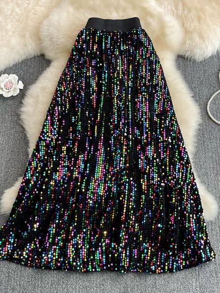 

capris spring autumn sequins midi skirt elegant high elastic waist aline faldas female slim big swing party saias new fashion, Black;white