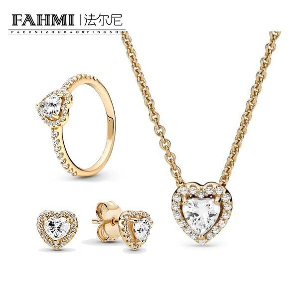 

fahmi sparkling strapless ball gown heart zircon gold jewelry set necklace ring stud earrings for women wedding mother's valentine&#039, Slivery;golden
