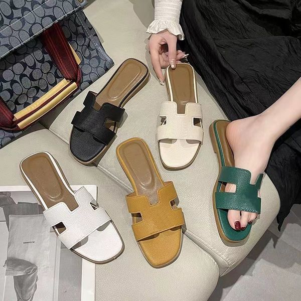 

net red h slippers female summer flat fashion outside leather h sandals of the beach tourism word slipper, Black
