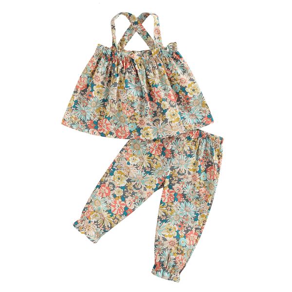 

clothing sets fashion toddler girls summer outfit sleeveless backless floral print camisole elastic band pants 230420, White