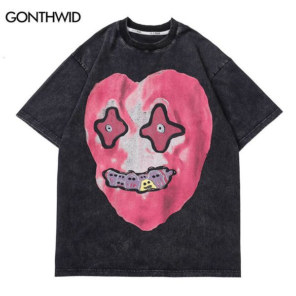 

men s t shirts distressed t shirt streetwear hip hop funny heart ghost print punk rock gothic tee shirts 2023 men harajuku cotton loose tshi, White;black