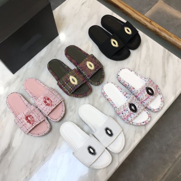 

luxurys shoes slipper slides for women fashion double embroidery c classic plaid tweed sandals heatshoes platform gear bottoms beach lightwe, Black
