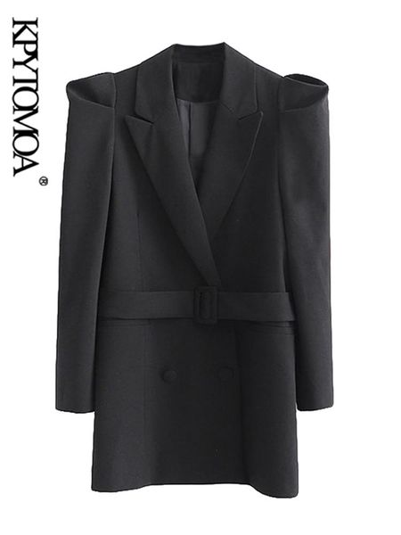 

pants kpytomoa women fashion with belt double breasted blazer coat vintage long sleeve welt pockets female outerwear chic veste femme, White