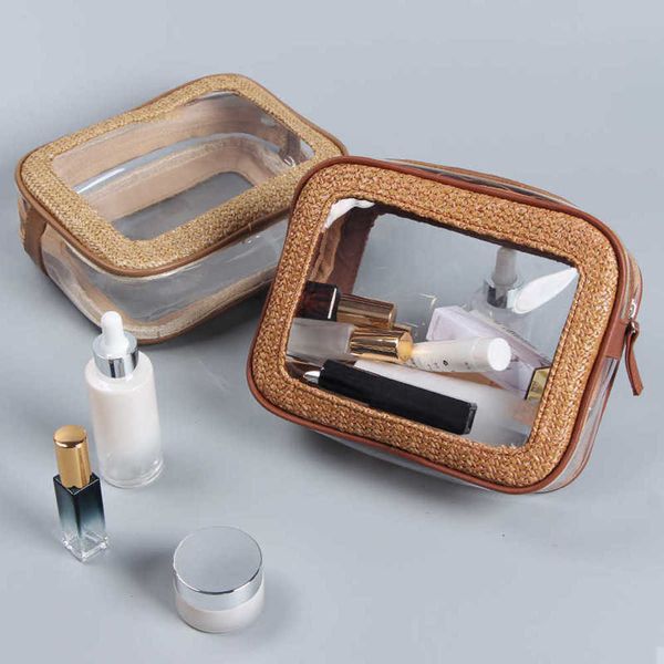 

transparent and large capacity handmade straw woven makeup bag, pvc storage bag, set 230420