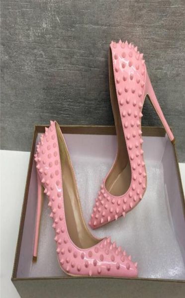 

new pink riveted thinheeled pointed highheeled shoes fashionable studded spiked women039s shoes party wedding dress shoe2440975, Black