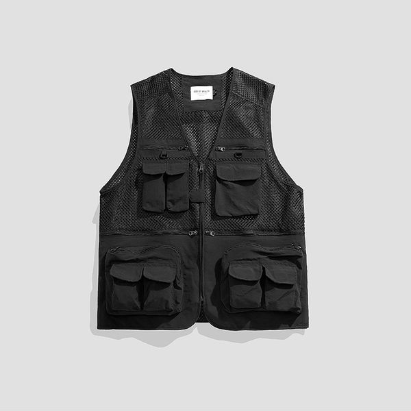 

men's vests men breathable fishing travel mesh with zipper pockets summer camouflage army green black for outdoor 230420, Black;white