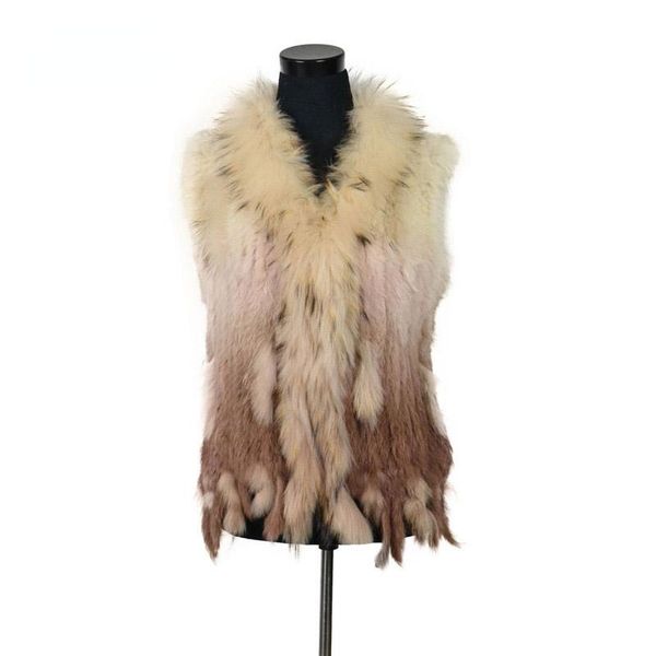 

fur vr00117 womens natural real rabbit fur vest with raccoon fur collar waistcoat/jackets rex rabbit knitted, Black