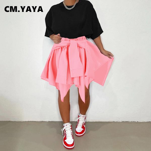 

dresses cm.yaya women elegant sleeve tie waist irregular skirt 2022 summer casual high waist aline big swing skirts, White;black