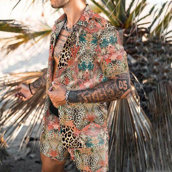 

mens tracksuits summer men hawaiian sets leopard print short sleeve button shirt beach shorts holiday two piece suit cardigan 230420, Gray