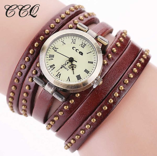 

wristwatches ccq vintage rivet leather bracelet watches fashion women quartz watches ladies quartz watch reloj mujer relogio feminino w0420, Slivery;brown