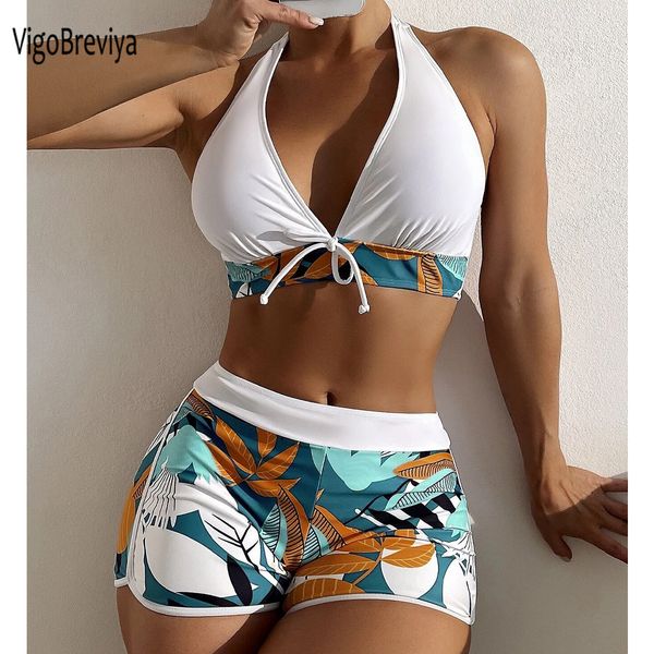 

women's swimwear vigobreviya print tied halter swimwear women high waist push up shorts bikini set swimsuit backless beach bathing suit, White;black