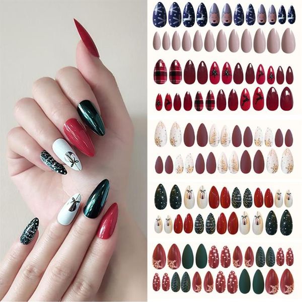 

24pcs sheet acrylic full cover artificial fake nails diy christmas tree snowman christmas nail art259b, Red;gold