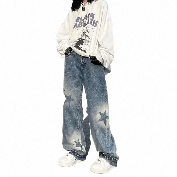 

womens jeans oversized washed star pattern baggy jeans high street loose straight y2k summer casual hip hop women 221017 j9l2#, Blue