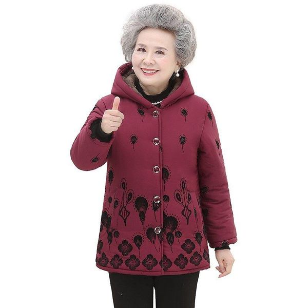 

leather 607080 year old middleaged and elderly women's padded jacket plus size 5xl winter jackets hooded warm cotton overcoat parkas, Black