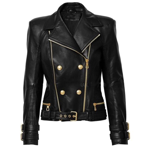 

jackets high street 2022 new designer jacket women's lion buttons double zippers motorcycle biker synthetic leather jacket, Black;brown