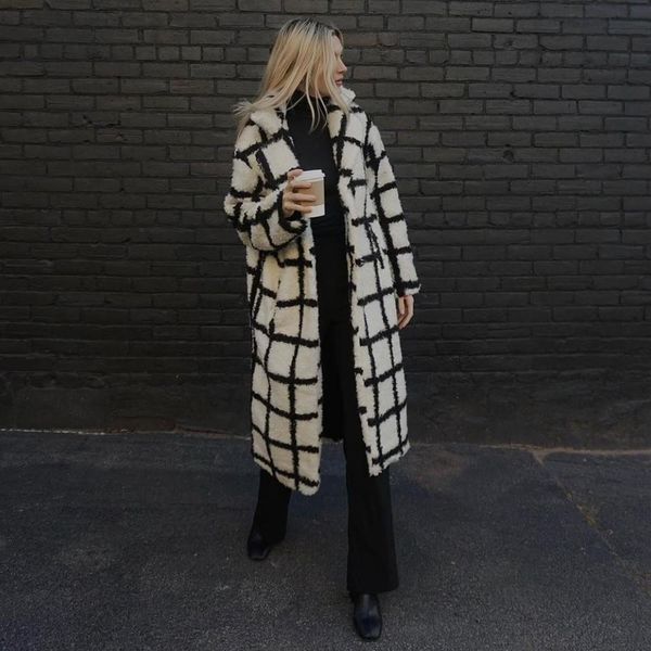 

fur 2022 women's new fashion oversized check lamb wool coat retro long sleeve button up women's coat chic top, Black
