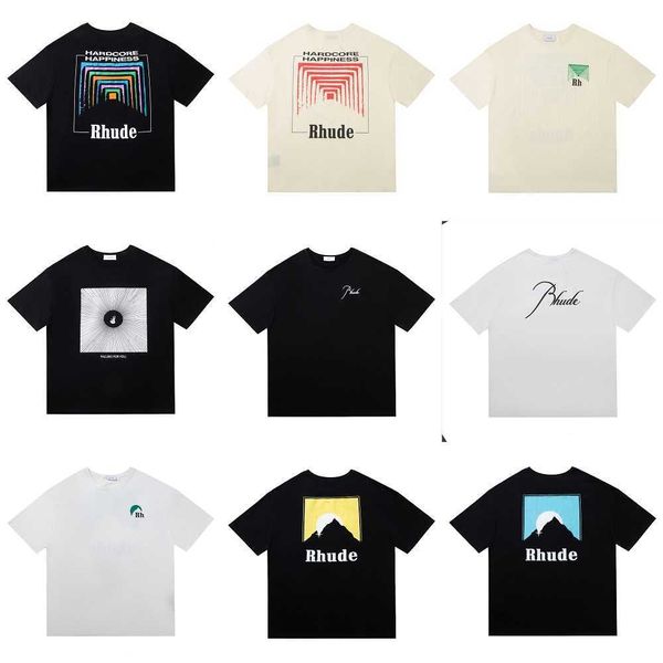 

designer fashion clothing tees hip hop tshirts rhude summer crown flag sunset letter print high street trendy loose t-shirt men women street, White;black