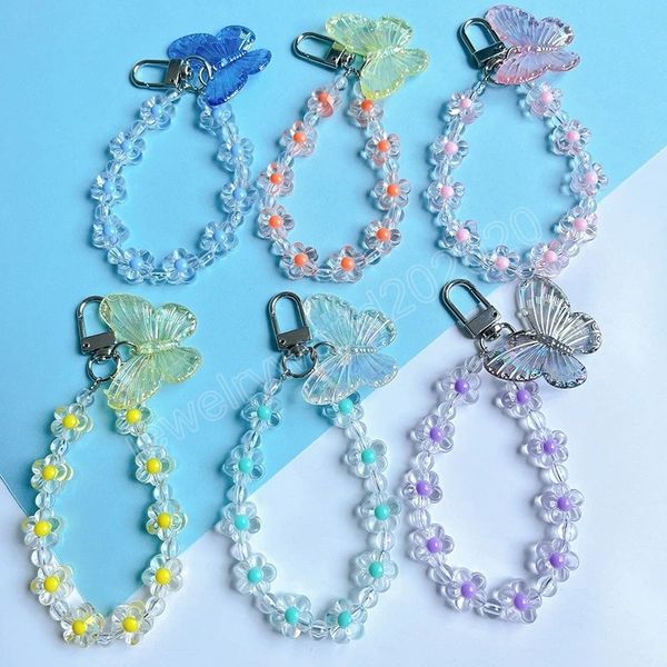 

butterfly flower keychain trendy transparent bead lanyard keyring mobile phone chain women car key bag decor pendant girl, Silver