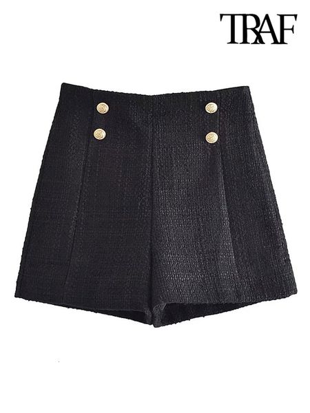 

women's shorts traf women fashion front metal buttons tweed shorts vintage high waist side zipper female short pants mujer 230420, White;black