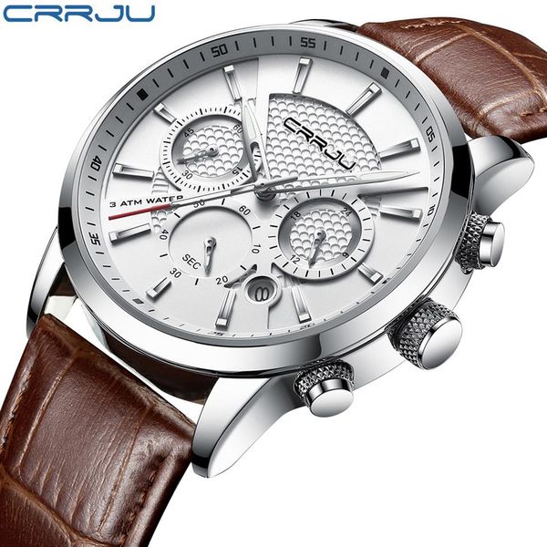 

crrju new fashion men watches analog quartz wristwatches 30m waterproof chronograph sport date leather band watches montre homme2009, Slivery;brown